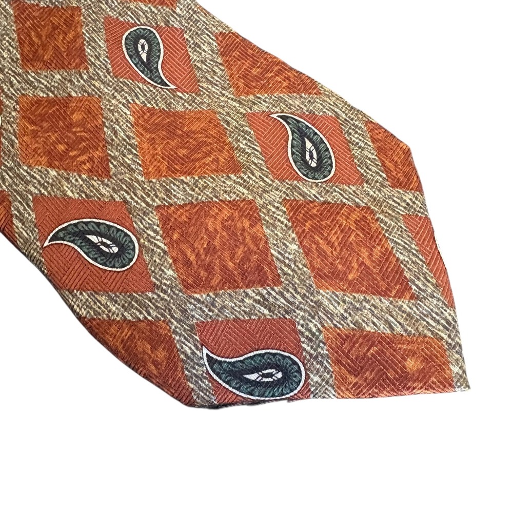 Retro Roffe Accessories Silk Tie Paisley Geometric Rust Brown Handmade Y2K‎